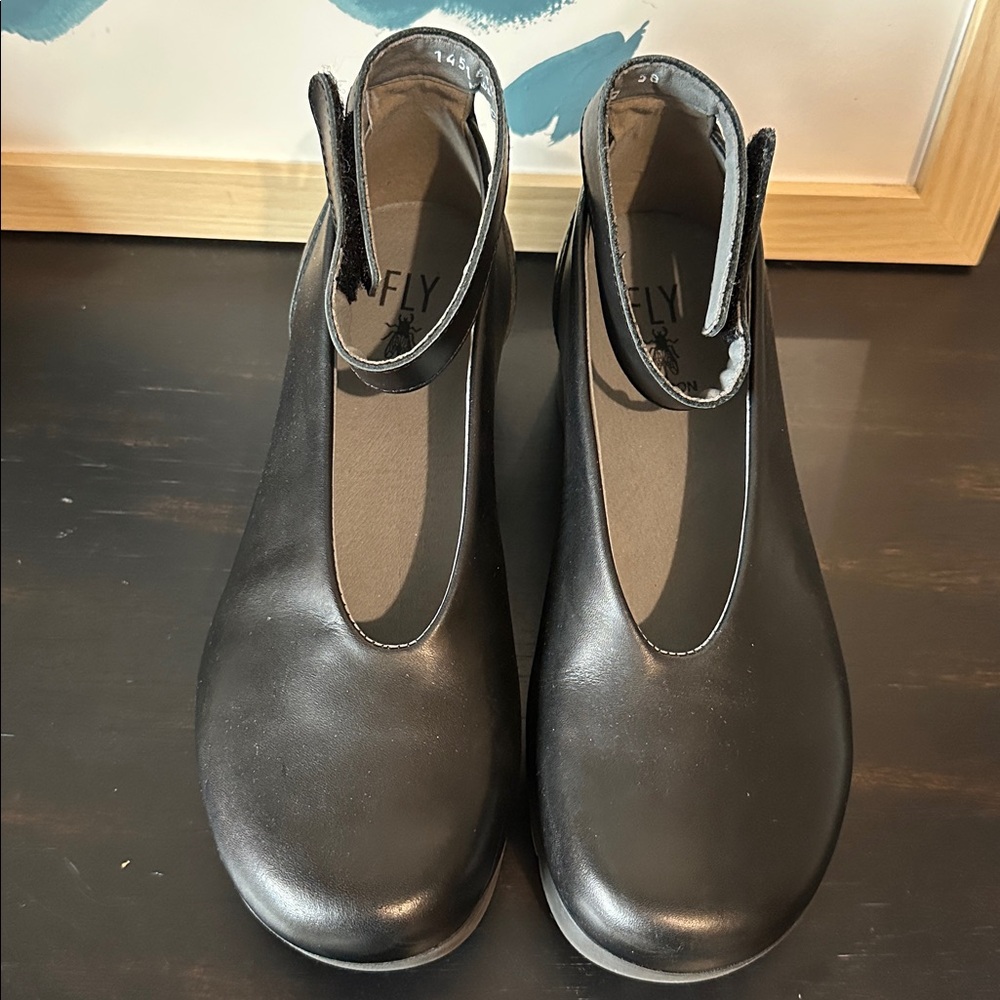 Fly London Black Leather Ankle Strap Platform Wedges - Picture 2 of 8